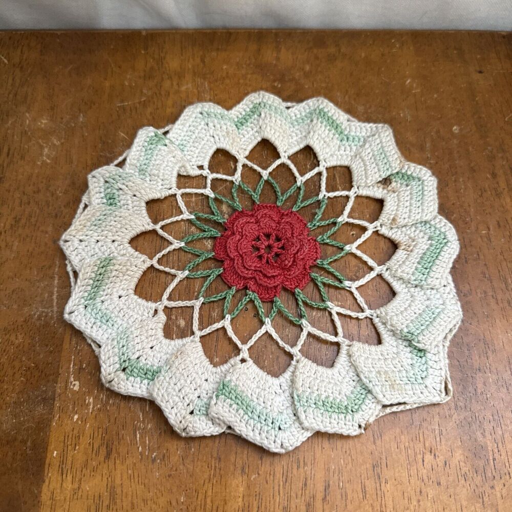 Vintage Cream Mint Pink Flower Rose Crocheted Trivet‎ Potholder Retro Doilies